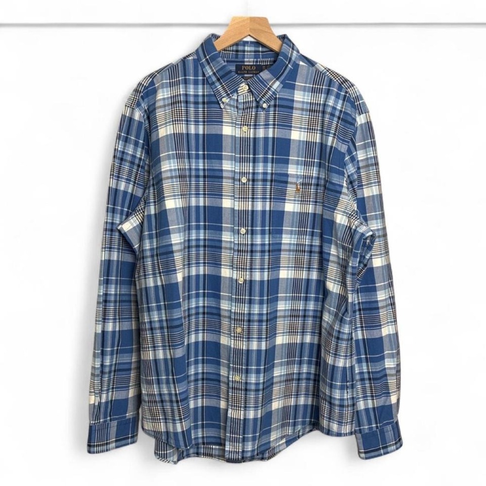 Polo Ralph Lauren XXL Classic Fit Plaid Button Down Shirt Blue and White Preppy